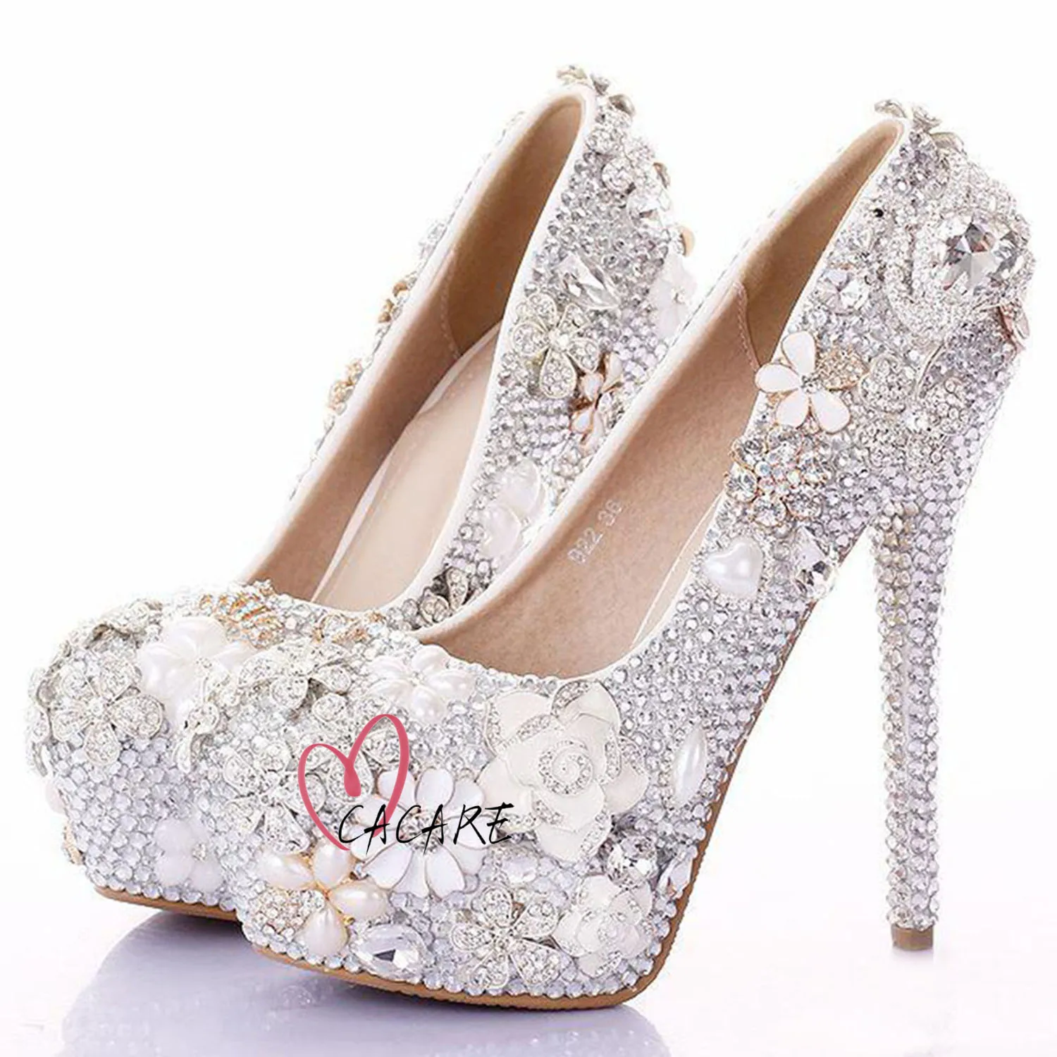 CACARE Luxury Wedding Shoes Pearl Flowers Full Rhinestones Pearl Platform High Heels Customized Bridal Shoes Cinderella F2800