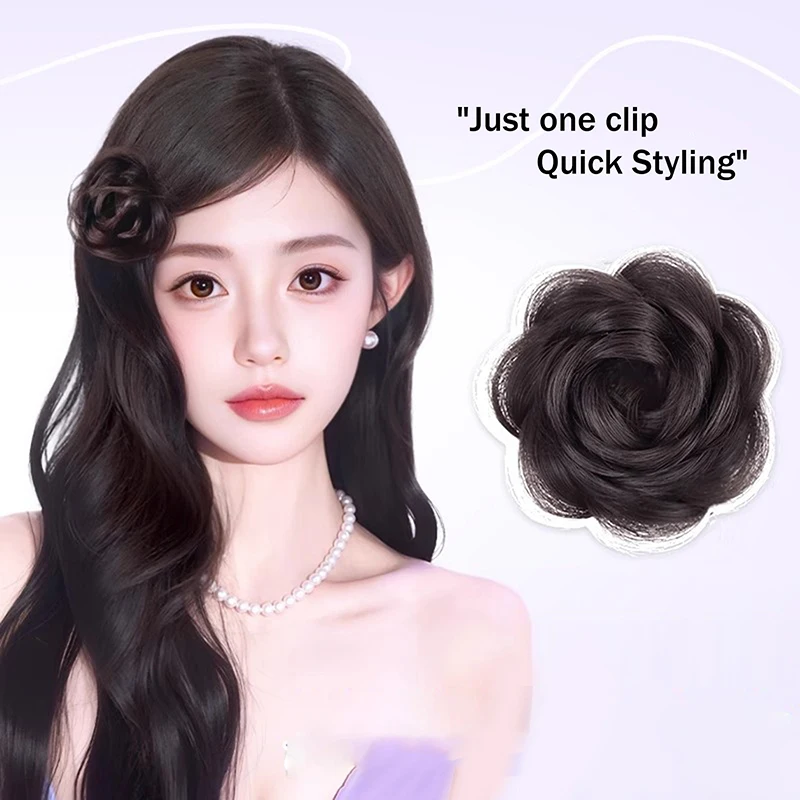 قطعة شعر صناعية مع مشبك منقار البط، إكسسوارات للشعر على شكل كعكة جانبية وردية، قطعة شعر منفوشة للنساء