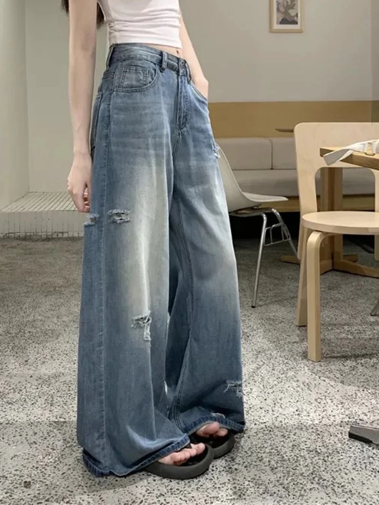 

Женские потертые джинсы с высокой посадкой, модные свободные длинные джинсовые брюки с повседневным подвесным эффектом на весну