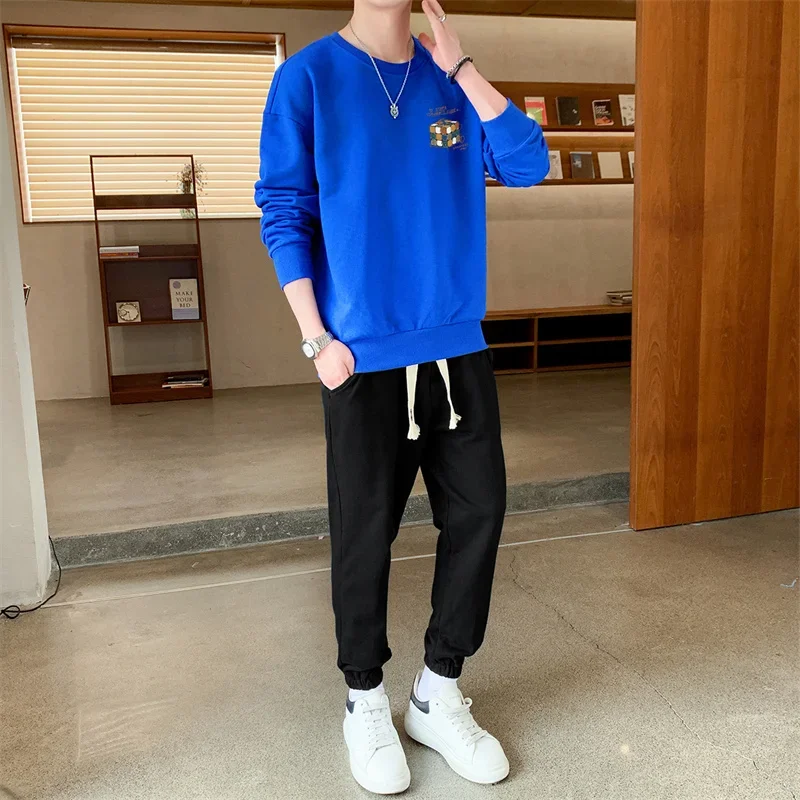 

Свободный теплый пуловер, мужские топы с длинными рукавами, спортивные штаны, костюм, повседневный осенний свитер с круглым вырезом, брюки, комплект из 2 предметов, рубашка с принтом, свитер