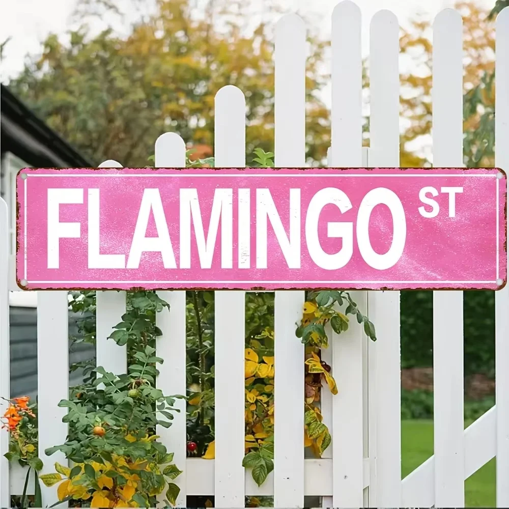 Flamingo St Aluminum Street Sign, Vibrant Pink Easy-To-Install Wall Decor For Bedroom, Man Cave & Bar