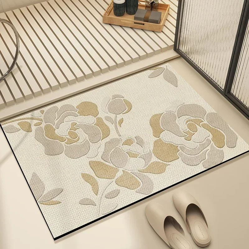 French Flower Printed Bathroom Floor Mat Diatom Mud Water Absorbtion Non-Slip Foot Rug Soft Toilet Quick-Drying Floor Carpet