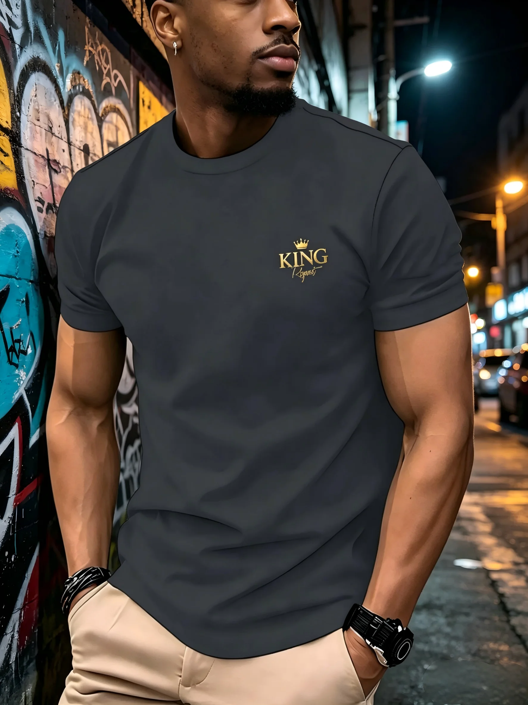 Men's Premium Crown Gold Print Quick-Dry Mesh T-Shirt, Stylish Crew Neck Short Sleeve, Summer Basic Top for Men F69
