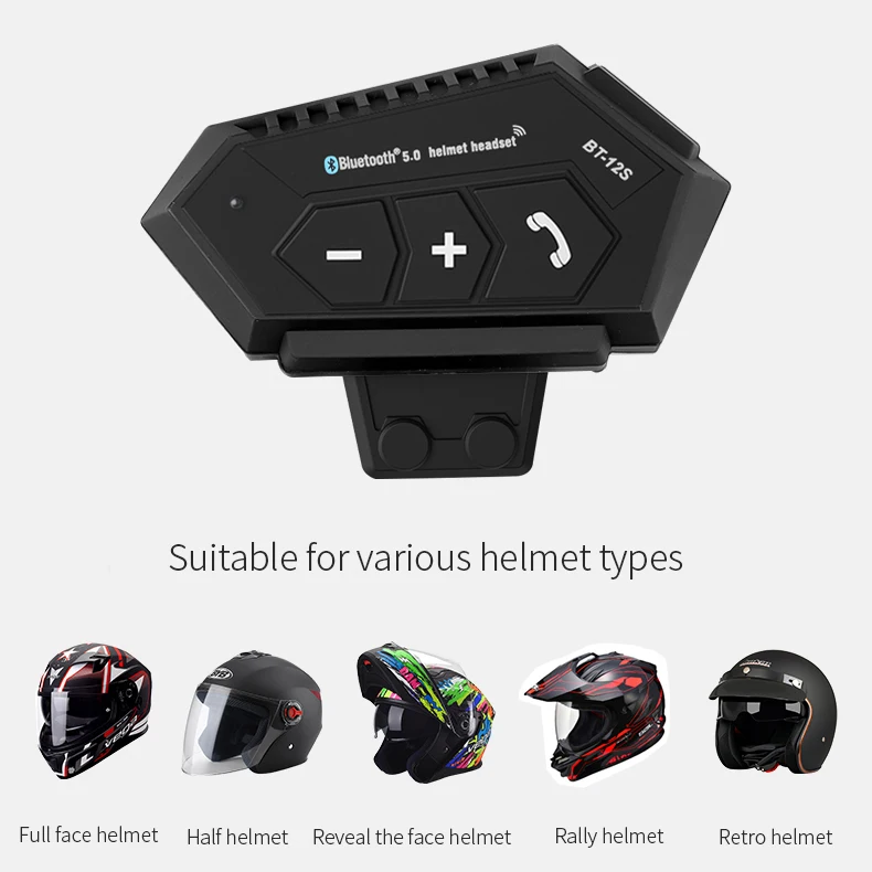 

Bluetooth 5.0 Motorcycle Helmet Headset BT-12S Waterproof Headphone Handsfree Call Stereo Wireless Earphone Music Player Speaker