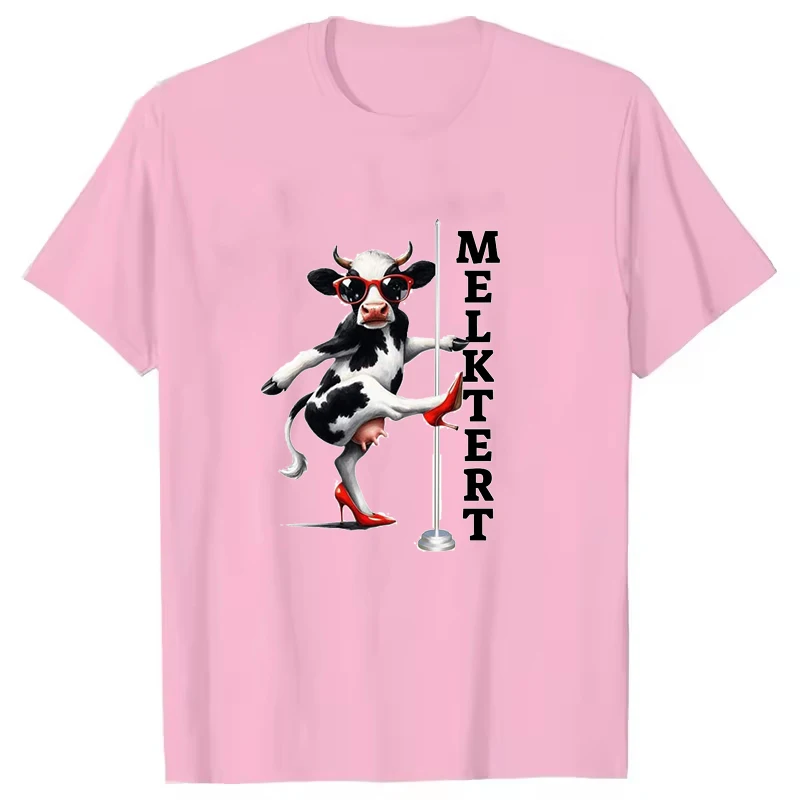 A Cow Wearing Sunglasses High Heel Creative Pattern T-shirt MELKTERT Letter Artistic Print Casual Men Women Elegant Top Shirt