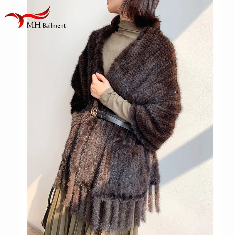 Mink fur shawl warm and fashionable in winter real fur double knitted scarf women fur shoulder ridge Bib large pocket tassel