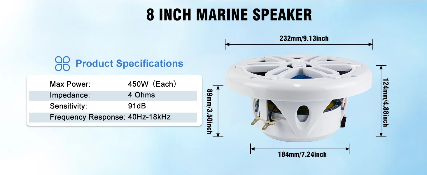 Herdio 8 Zoll Marine-Lautsprecher 450W IP66 Wasserdichter Koaxiallautsprecher mit Blauer LED-Beleuchtung für Boote, ATV UTV mit UV-Beständigem Weiß – Detail 5