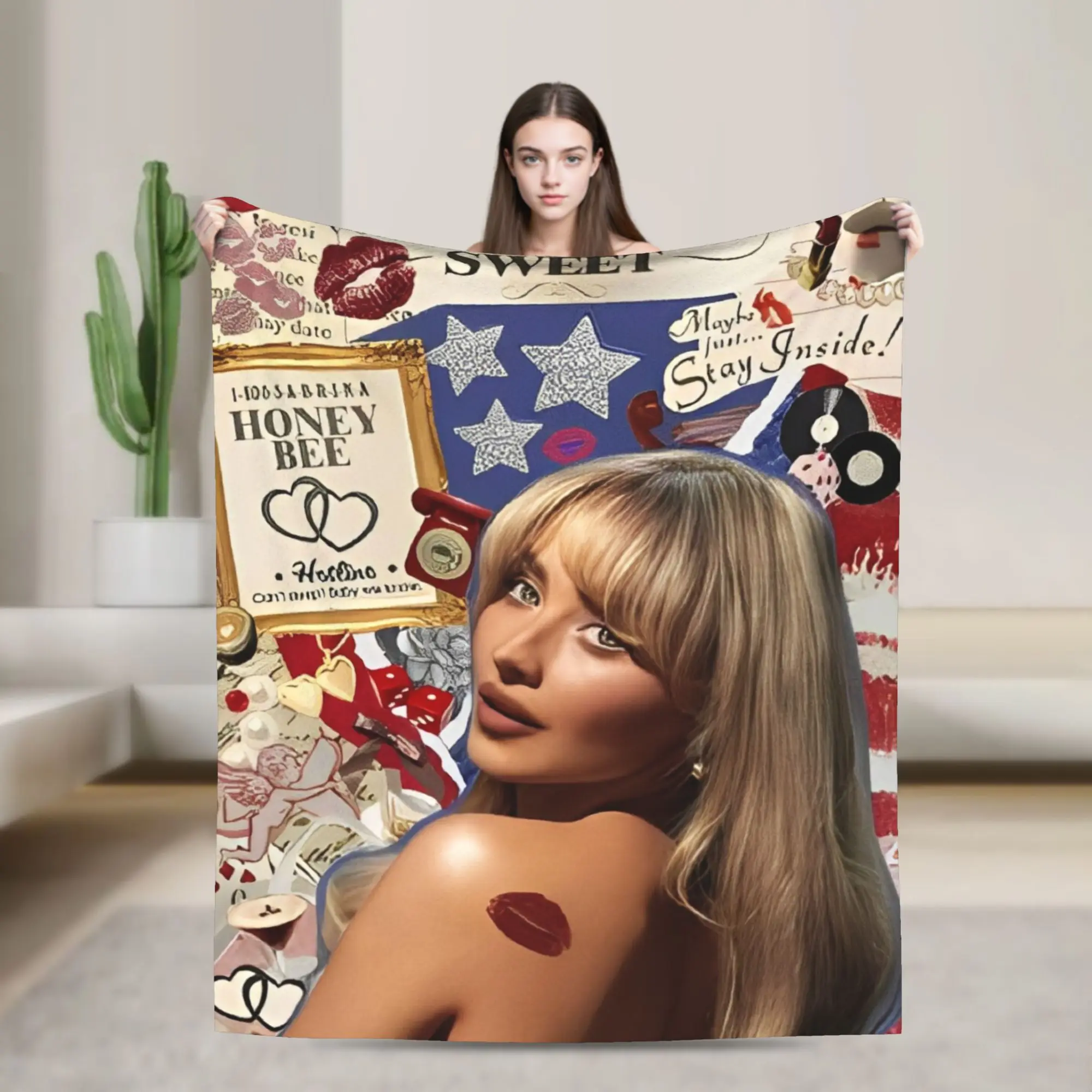 Singer Sabrina Carpenter Flannel Blanket Pop Music Funny Throw Blanket for Home 125*100cm Plush Thin Quilt