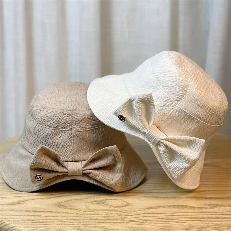 

Fashion Women Bow Basin Caps Korean Version Show Face Small Fisherman Hat Can Be Tied Ponytail Visor Bucket Hat Woman Sun Hat