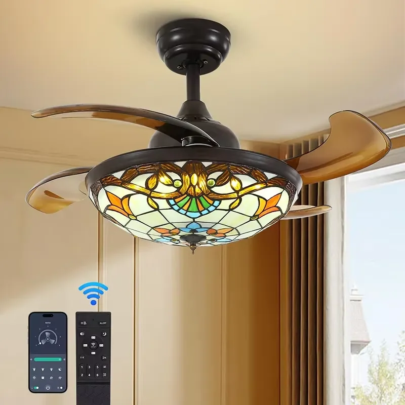 Mediterranean Retro Chandelier Ceiling Fan 110V Invisible LED Lamp with Remote Control for Living Room Metal Body