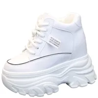 Autumn Women High Top Leather Shoes Platform Wedge Sneakers Chunky Shoes Hidden Heel 10 12 14CM White Black Women Casual Shoes