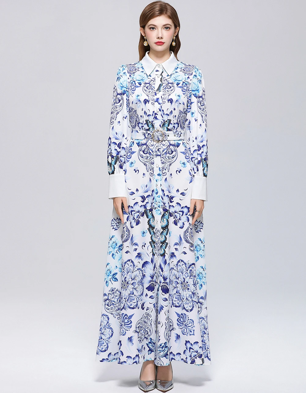 

Vintage Paisley Maxi Dress Shirt for Women Spring 2026 Lapel Long Sleeve Single Breasted Print with Belt Bohemian Style