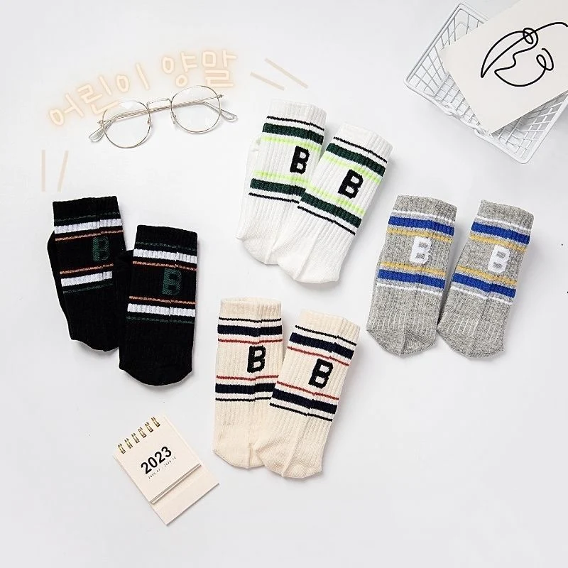 Fashion Korean  Kids Boy Sock School Simplicity Calf Sock for Children Boy Four Season Cotton Letter B Sports Socks