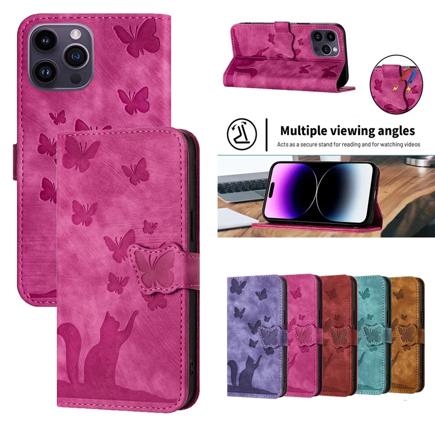 Skórzany portfel z klapką etui na Redmi Note 9 9A 9S 10 10S 12 13C 11 11S 12 13 4G 5G Pro 12S moda kot motyl okładka książki