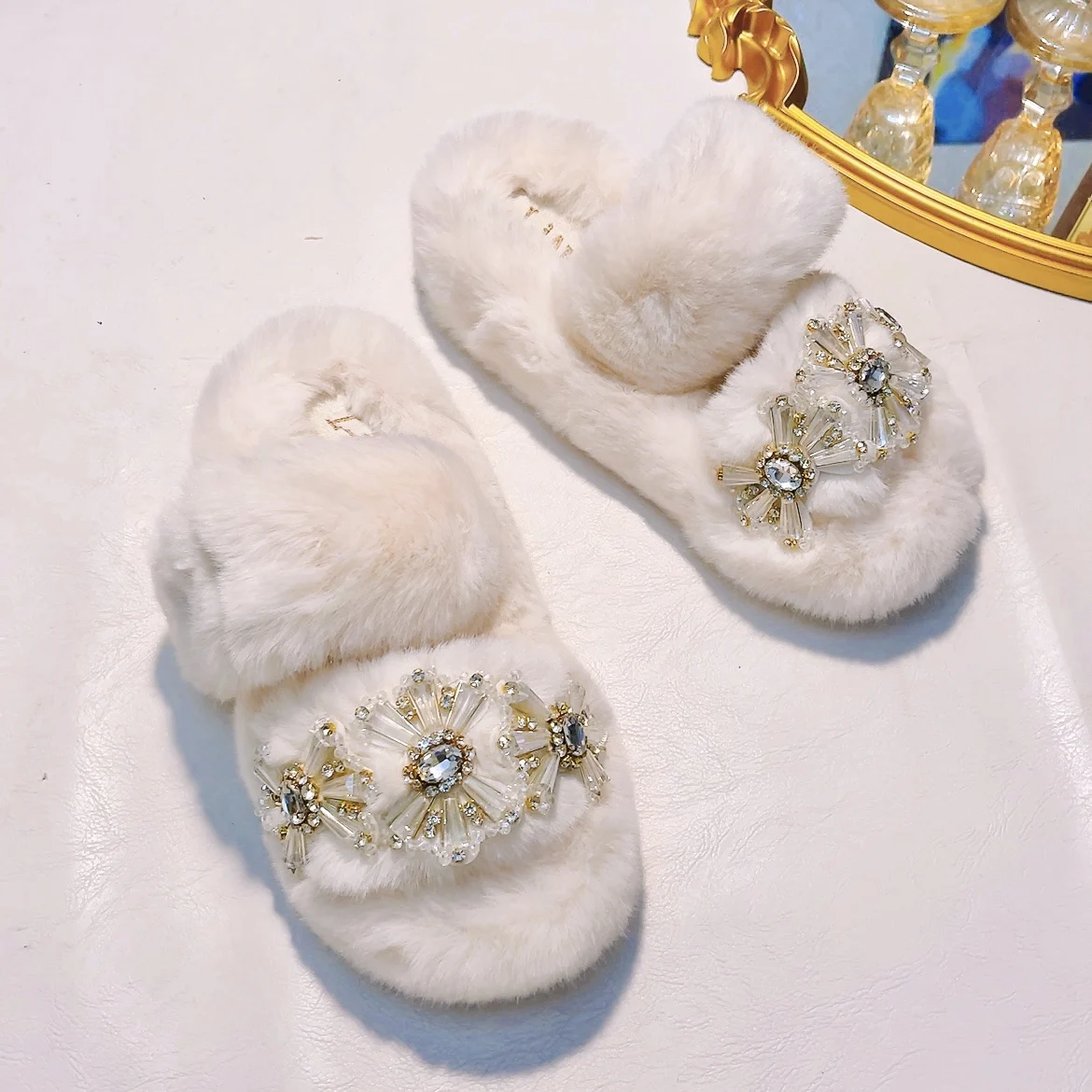 Fluffy Fur Outdoor Slippers Women Open Toe Slip On Flip Flops Flats Luxury Rhinestone Casual Autumn Winter Ladies Shoes Handmade