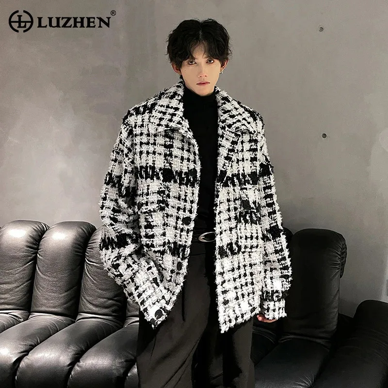 

LUZHEN 2025 зимнее стильное шерстяное пальто в клетку с лацканами, мужское элегантное красивое пальто высокого качества, повседневная мужская куртка, одежда JY5095