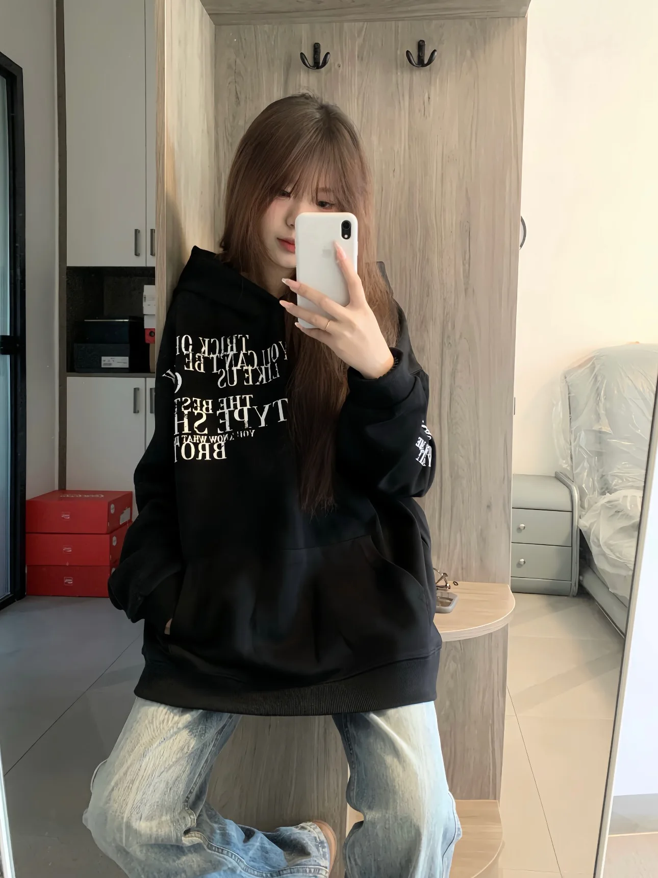 American High Street Oversize Letter Print Hoodie Women's Spring Autumn Loose Couple Outerwear Long Sleeve Polyester Cotton B...