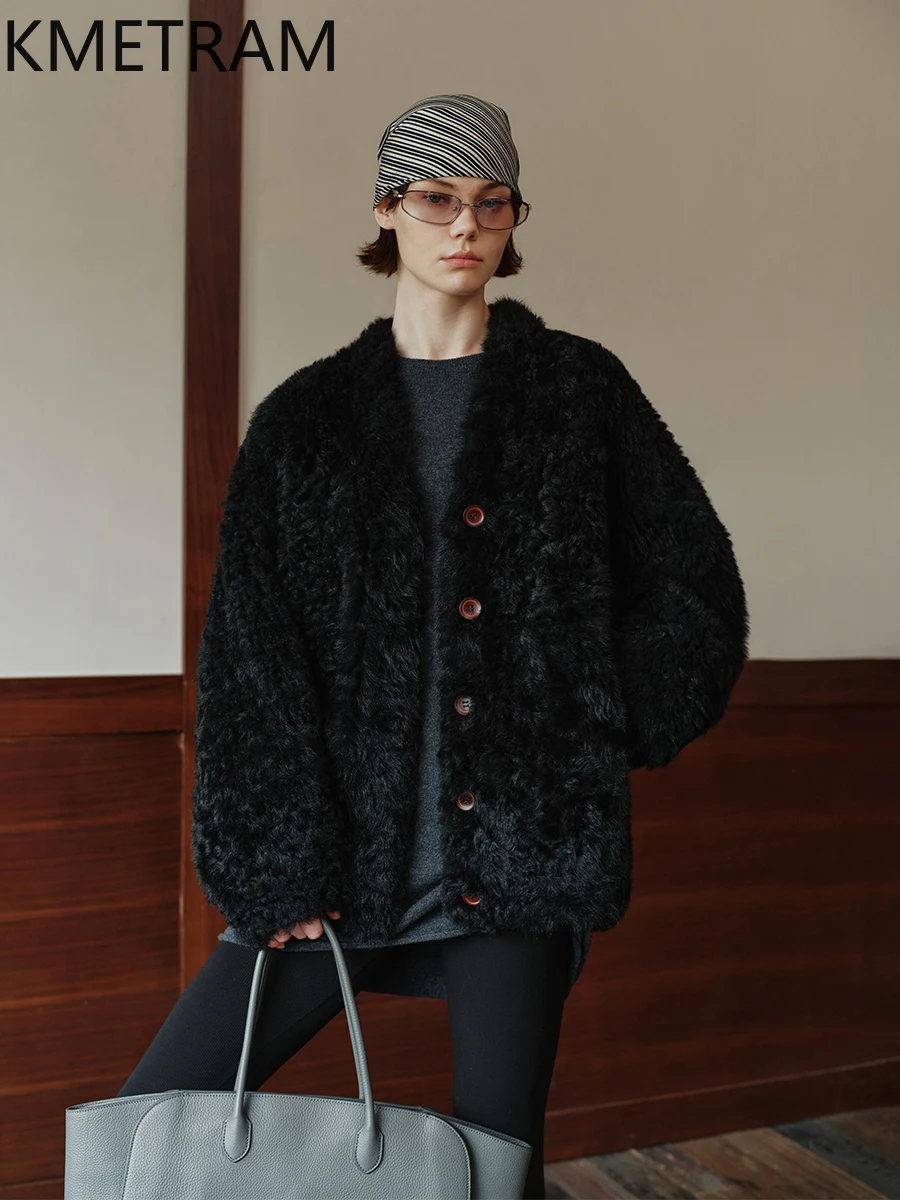 천연 투스카니 양모 양털 양면 모피 자켓 여성 캐주얼 곱슬 진짜 모피 코트 여성 겨울 의류 Fourrure 2025