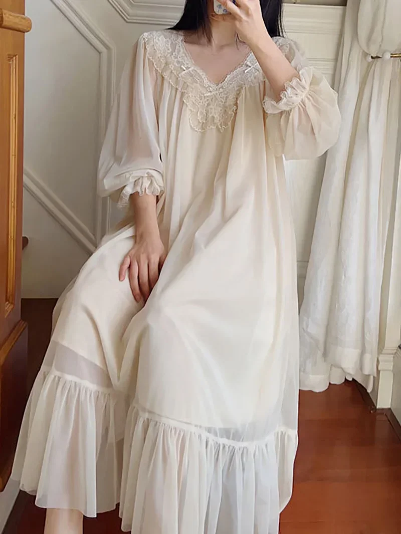 French Fairy Mist Mesh Sleepwear Nightdress Women Pure Cotton Fantasy Robe Princess Ruffles Dress Spring Victorian Nightgowns