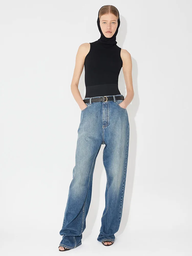 Pants y2k spring/summer clashing waistband splicing wide leg trousers cotton denim2024 high-waisted straight leg Woman trousers