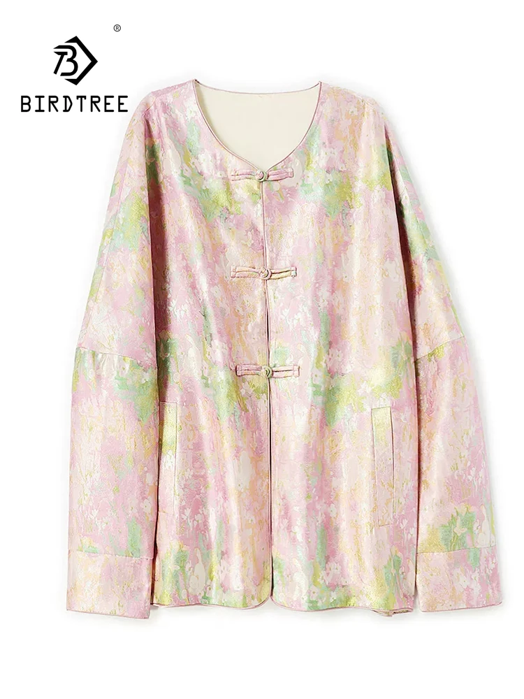 BirdTree-Silk Song Brocade Elegant Coat, O Neck Floral, Women Age Reduction Versatile Loose Cardigan, 2026 Autumn New C69830CC