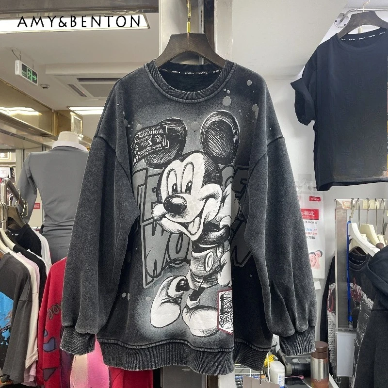 

Trendy Heavy Industry Cartoon Round Neck Cotton Long Sleeves Sweatshirt Loose Fit Top Women's Autumn Winter New Pullover Hoodies