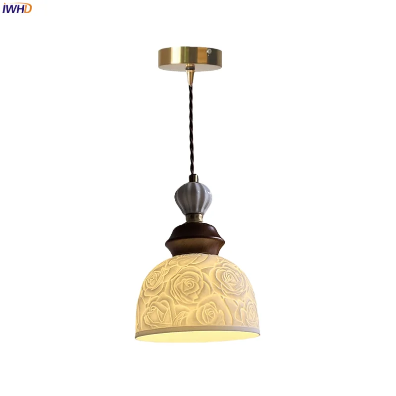 IWHD Белая Роза Керамические Светодиодные Подвесные Светильники Спальня Столовая Освещение Гостиной Французский Винтаж Подвесной Светильник Украшения Светильник