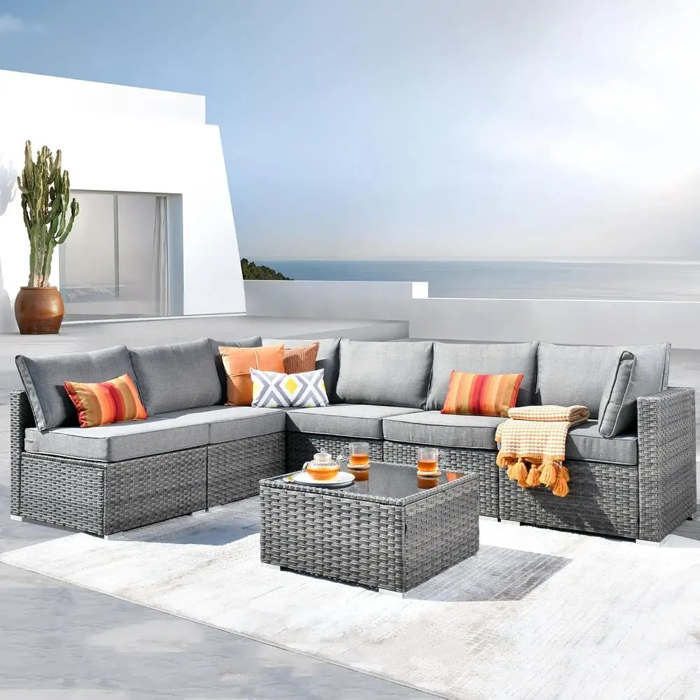 

Комплект садовой мебели из 7 предметов из всепогодного ротанга с кофейным столиком, серый модульный диван для улицы, балкона или у бассейна