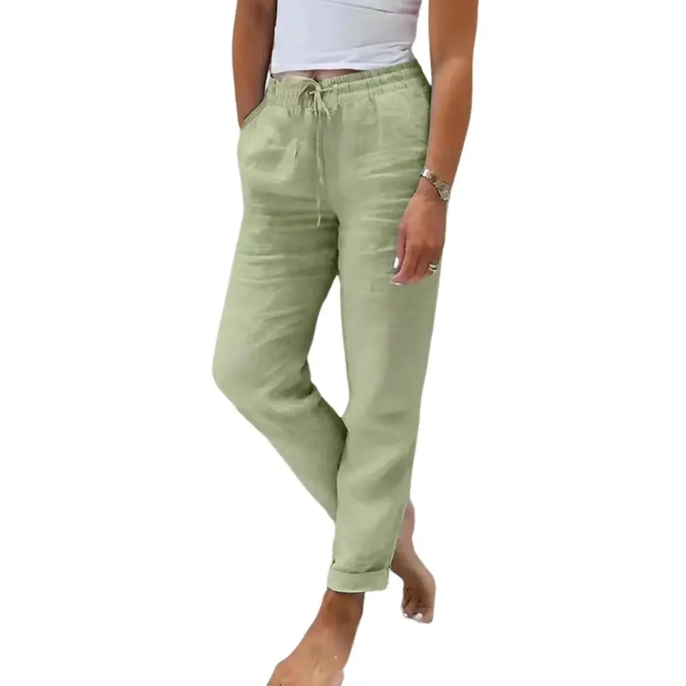 Summer Fashion Women's Casual Pants New High Waist Solid Color Cotton Linen Female Holiday Beach Long Trousers