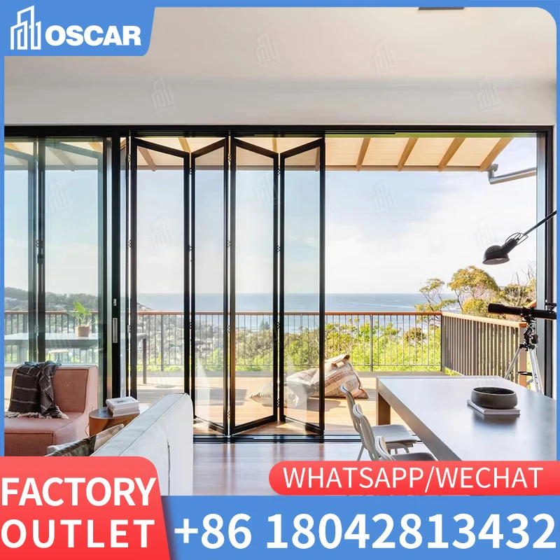 Heavy duty Coastal Glass Commercial Doors Folding Glass Door Thermal Breaking Glass Bifold Doors