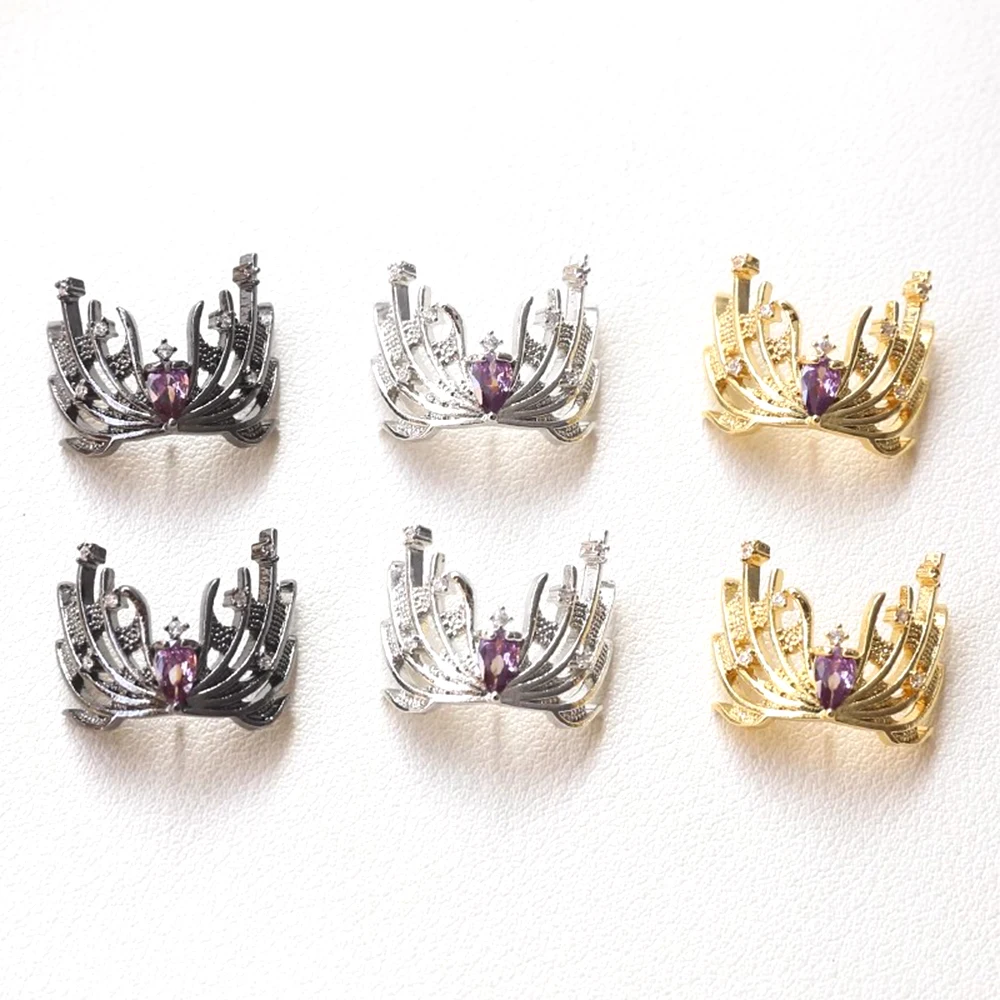 2 Pieces Copper Plated with Genuine Gold Zircon Inlay Crown Witch Headpiece Pin DIY Jewelry Making Baroque Accessories Materials