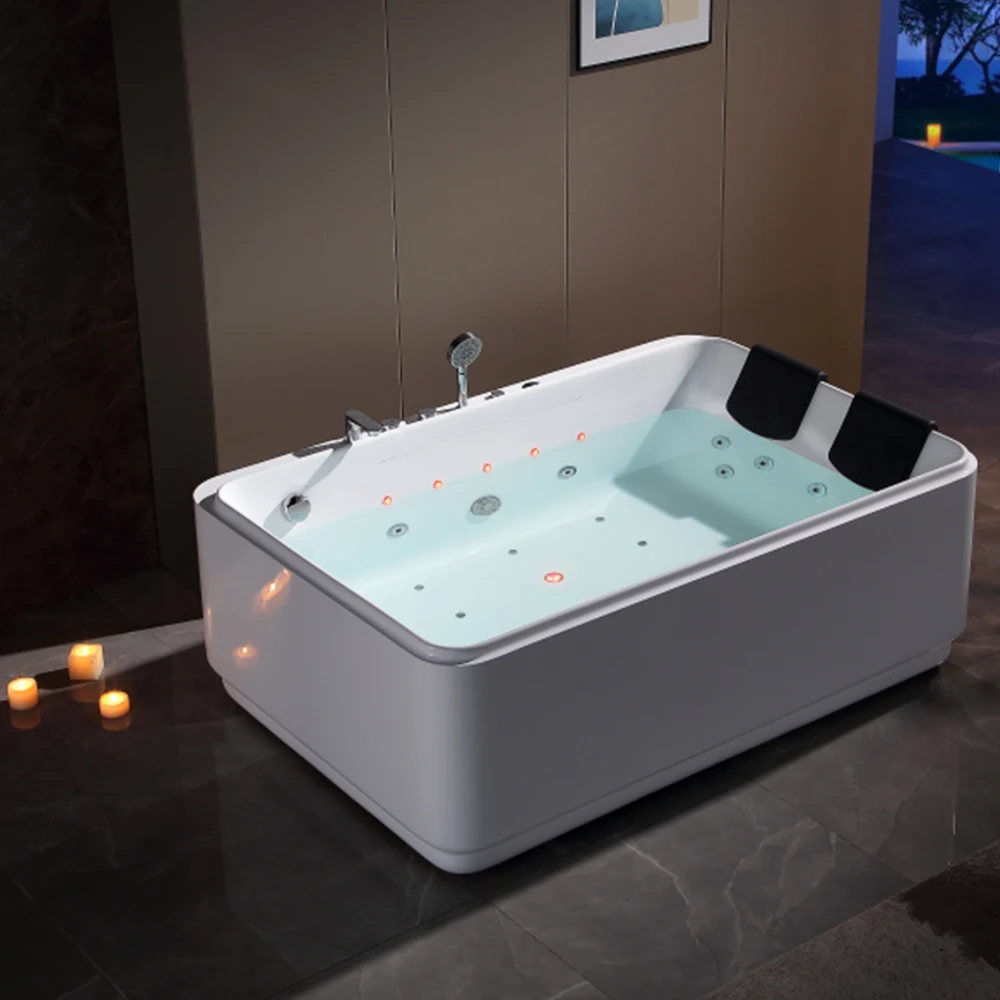 Large Acrylic Indoor Bathtub 2-Person Air-Jetted Spa Whirlpool Massage White With Overflow For Adults' Bathroom Use