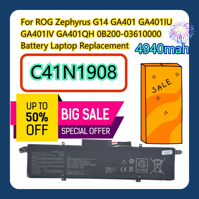 

For ROG Zephyrus G14 GA401 GA401IU GA401IV GA401QH 0B200-03610000 Battery Laptop C41N1908 Replacement