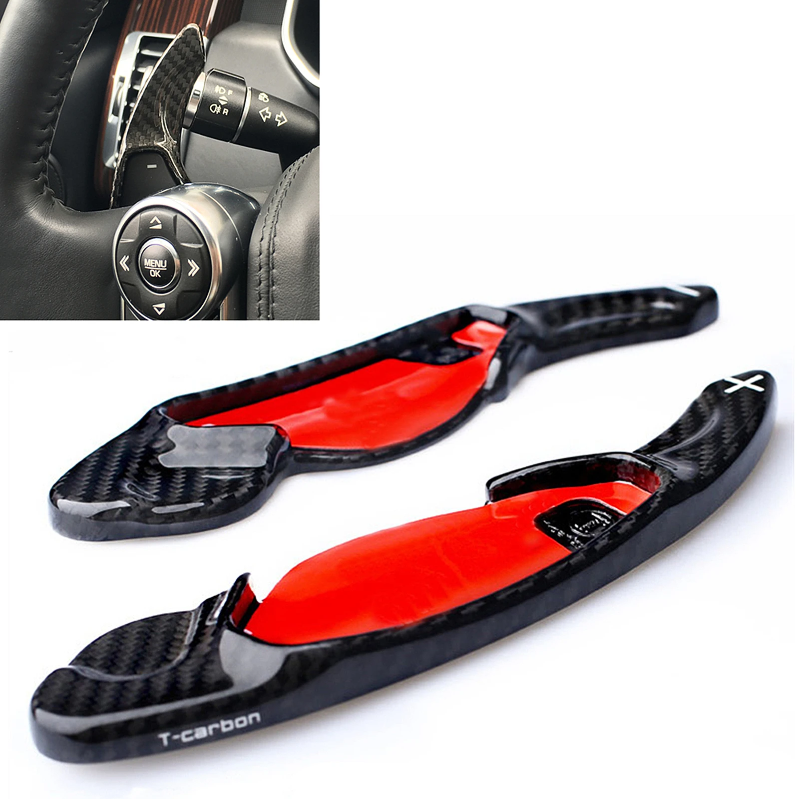 

2pcs Carbon Fiber Black/Red Car Gear Steering Wheel Shift Paddle Extension Shifter Paddle Cover Pad For Land Rover Evoque Jaguar