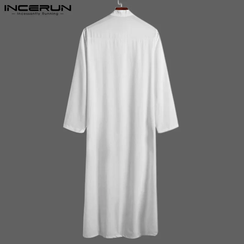 INCERUN 2024 New Men Muslim Fashion Clothes Solid Jubba Thobe Long Sleeve Stand Collar Pockets Robes Islamic Arabic Kaftan S-5XL