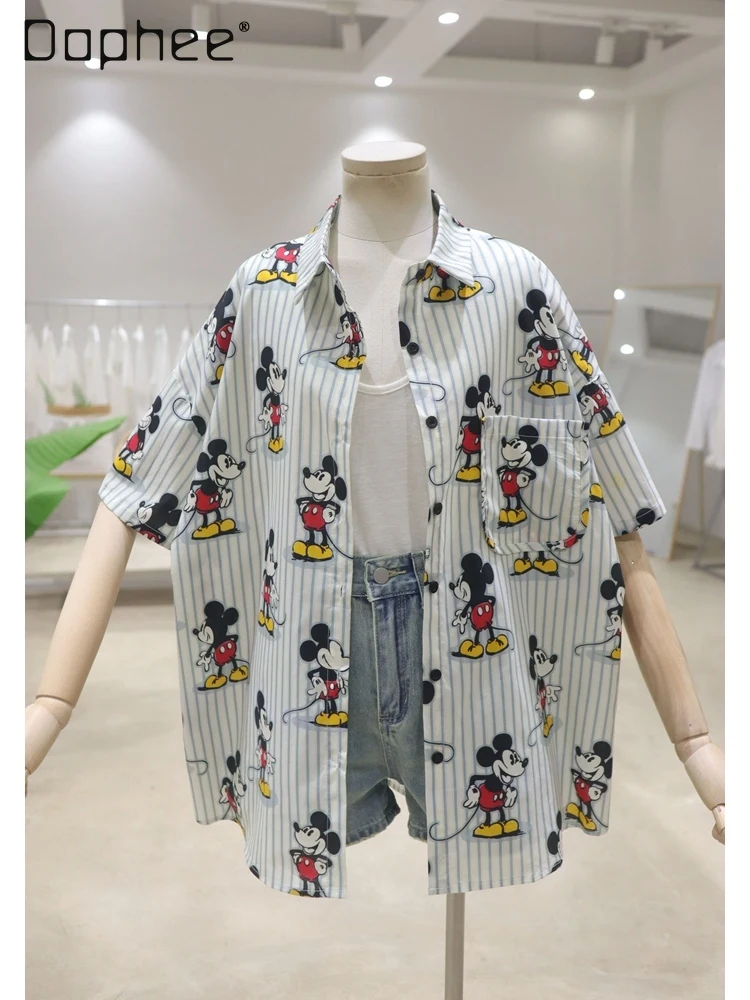 Women Shirt Cartoon Printed Casual Shirt for Women 2024 Summer Versatile Loose Slimming Cotton Short Sleeve Striped Women Tops