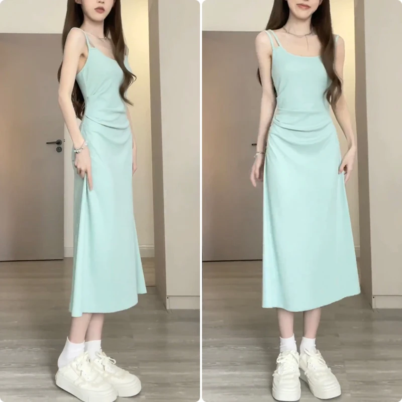 Yanling Matsumoto Funeral Mint Green Strap Dress Knitted Elastic Waist-Tightening Slimming Slightly Transparent Anti-DDoS Shirt