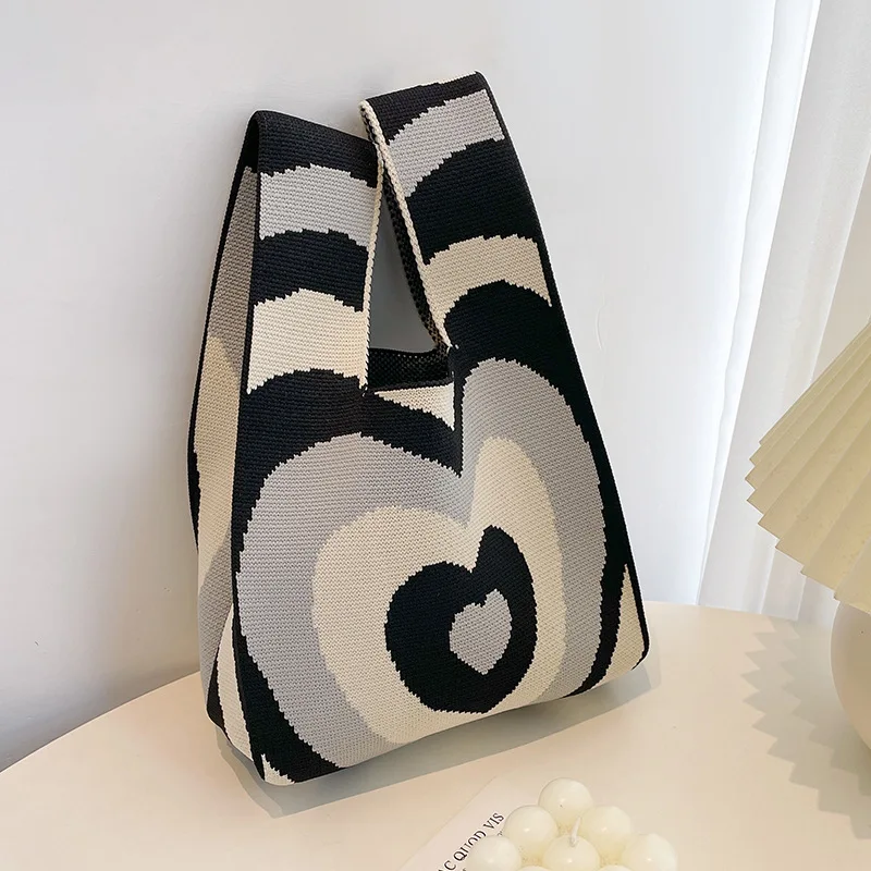 Fashion Handmade Knit Handbags Women Mini Knot Wrist Bag Tote Bag Korean Casual Color Striped Student  Reusable Shopping Bags