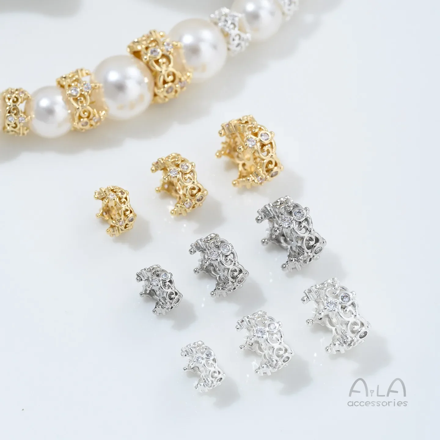 

Silver-plated 14K Encrusted Gold Set with Zircon Crown and Large Perforated Beads, Diy Crystal String Pearl Bracelet Accessory