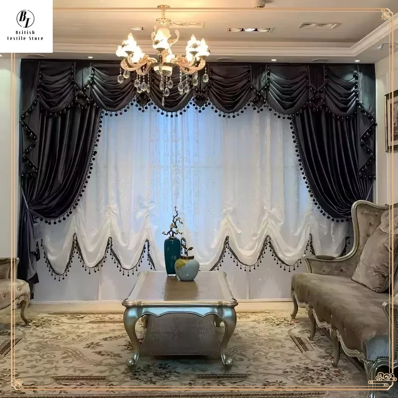 

European Lace Velvet Curtains for Living Room Bedroom Dining Blackout Customized Luxury Villa Window White Tulle Valance Decor