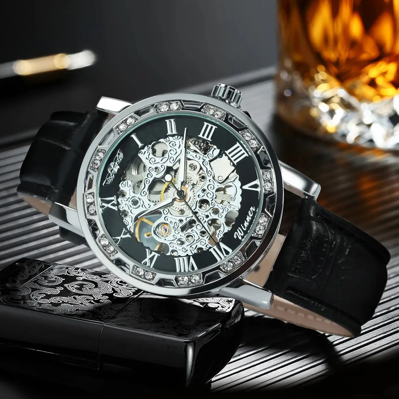 ساعة WINNER الفاخرة للرجال هيكل عظمي ذهبي ساعات آلية بحزام جلدي كاجوال للرجال ساعات معصم هدايا