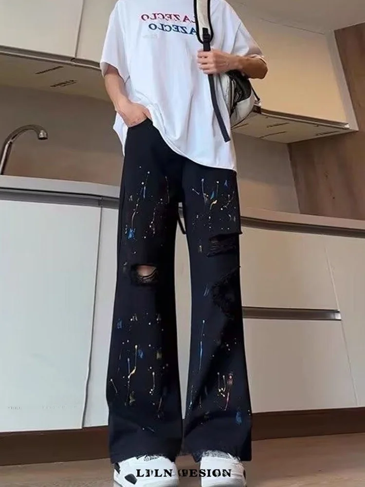 

Американские широкие джинсы High Street Sle Distred Fiti Personali Свободные прямые длинные брюки Модные молодежные джинсы