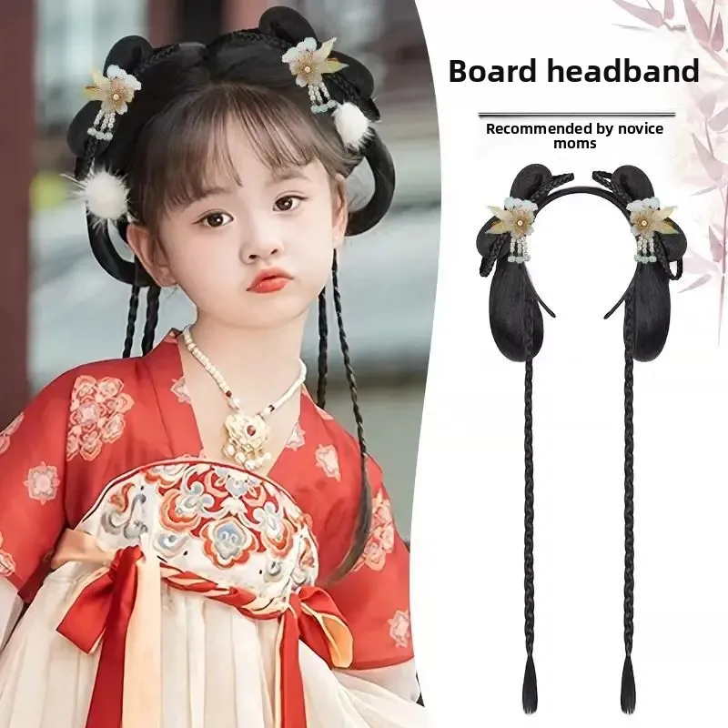 Peluca Hanfu para niñas, accesorios para el cabello de estilo chino antiguo integrados, cola de caballo diaria, extensiones de cabello de peinado, fibra asiática
