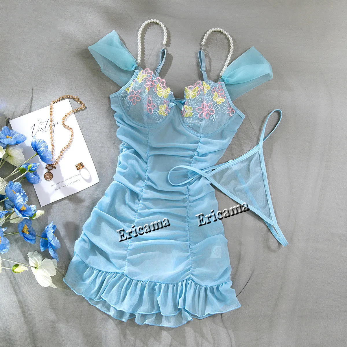 Women's Underwear Sexy Lingerie Set Pleated Wrap Hip Nightdress Pajamas Thin Pleated Floral Lingerie