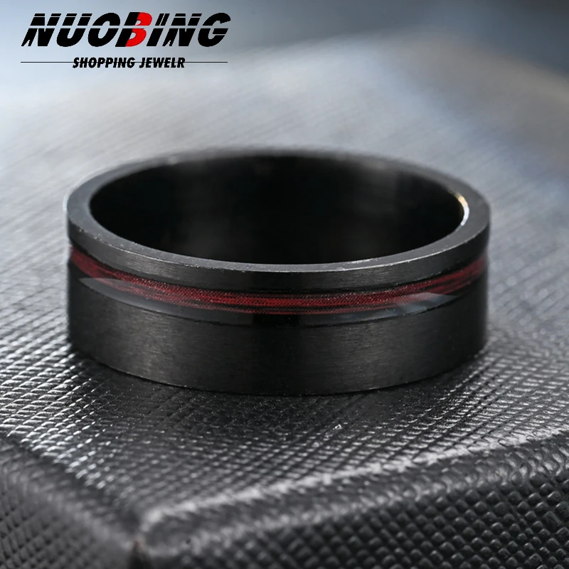 

2024 New Black Fashion Simple Red Notched Matte Men's Wedding Engagement Ring 8MM Stainless Steel High-qualit Charm Jewelry