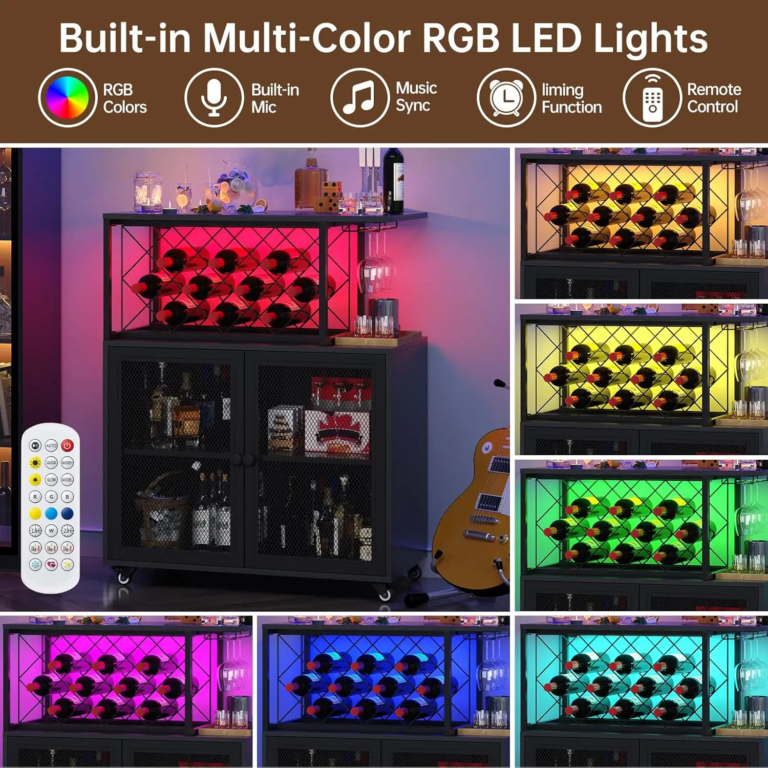 خزانة بار النبيذ بعجلات، عربة بار من 4 طبقات مع منافذ طاقة وإضاءة LED، خزانة مشروبات منزلية صغيرة مع رف نبيذ، Cof