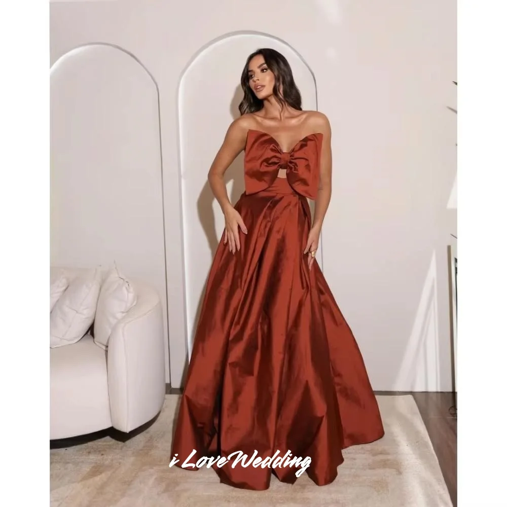 

Orange Strapless Prom Dress 2025 Bow Sleeveless Backless A-Line Side Split Pleated Floor-Length Wedding Party Dresses Customized