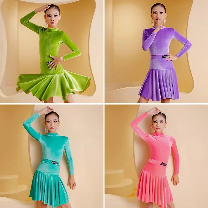 تخصيص فستان الرقص اللاتينية طويلة الأكمام مجموعة ممارسة الملابس المهنية الدرجات المنافسة كبيرة سوينغ تنورة 2 قطعة