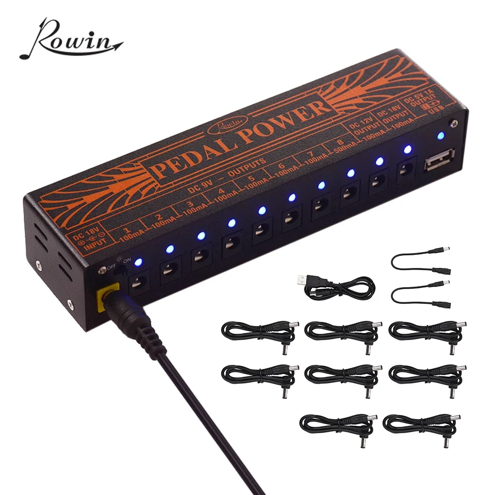 Rowin Compact Size Guitar Effect Power Supply Station 10 Isolated DC Outputs  9V 12V 18V Guitar Effects with 5V USB Output Picks