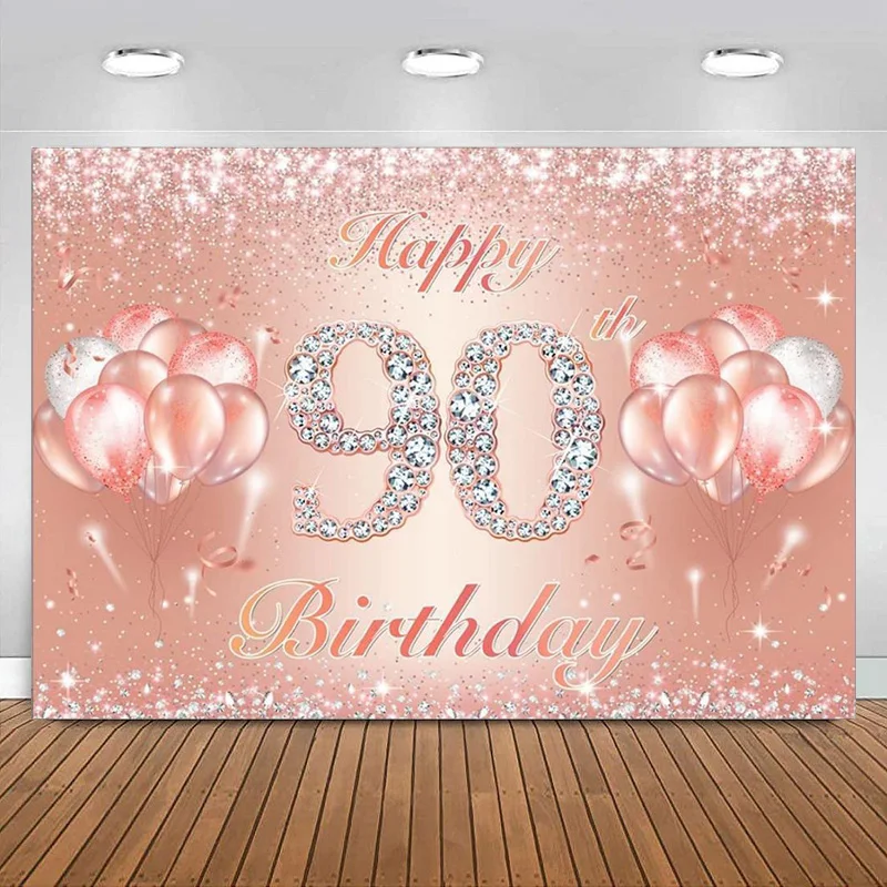 Happy 90th Birthday Backdrop Diamonds Shining Pink Silver Dot Glitter Photography Background Women Party Decoration Banner Photo